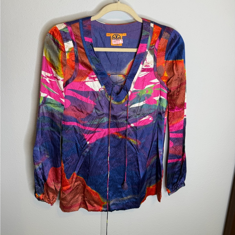 Tory Burch Vibrant Watercolor Splash 100% Silk Tie-Neckline Tunic Blouse Size 4